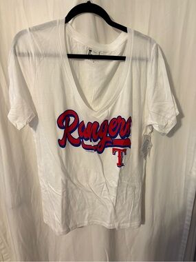 New Era White Rangers Graphic V-Neck Tee with Red and Blue Logo